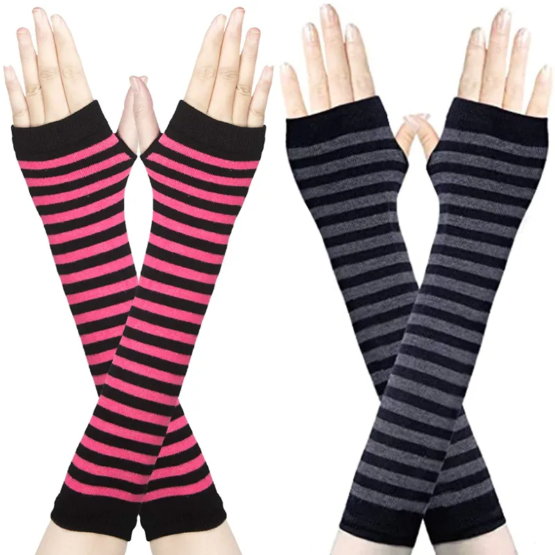 2 Pairs Women's Long Fingerless Gloves Knit Arm Warmer Thumb Hole Stretchy Gloves