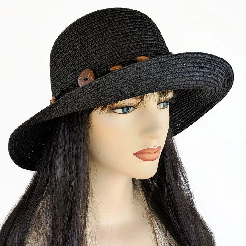 208 Wide Brim Straw Sun Hat with button trim