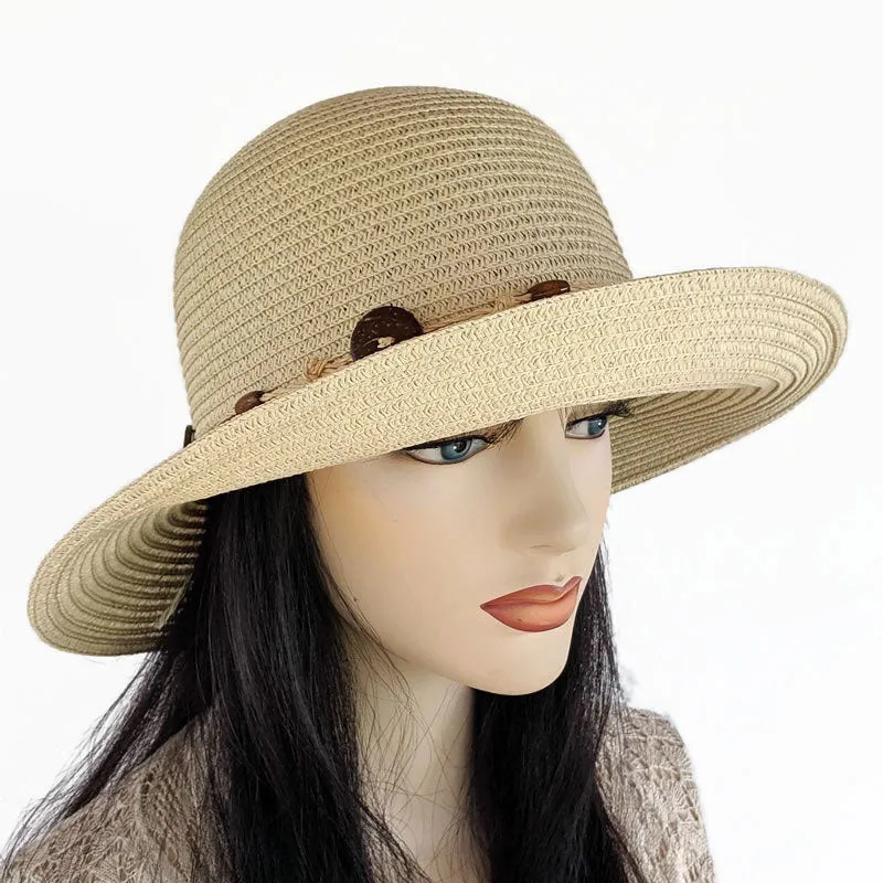 208 Wide Brim Straw Sun Hat with button trim