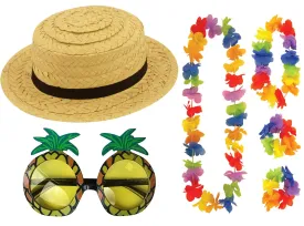 Adults Straw Boater Hat Pineapple Glasses 4Pcs Lei Set Hawaiian Summer Beach Party Fancy Dress