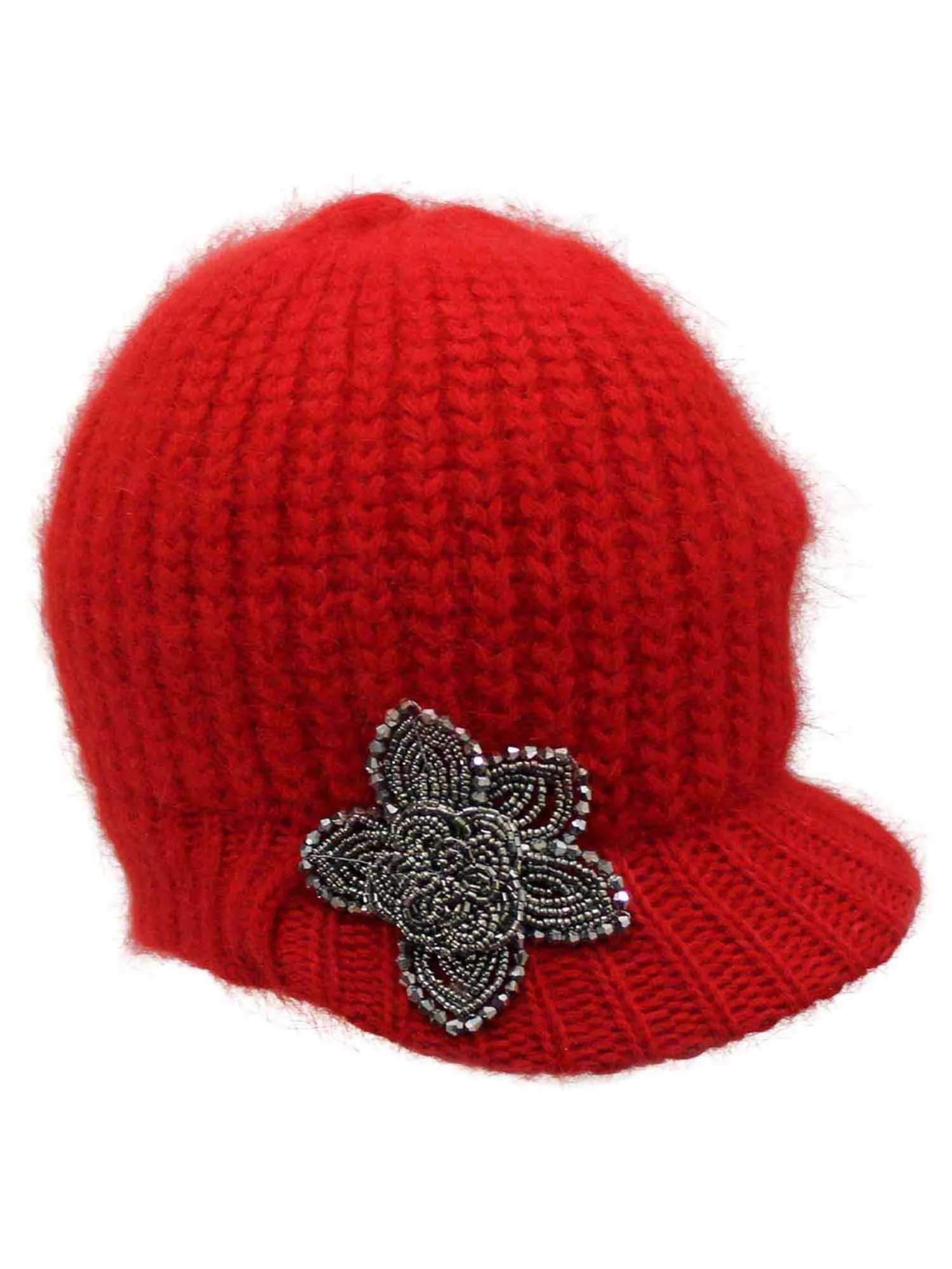 Angora Knit Newsboy Hat With Beaded Flower