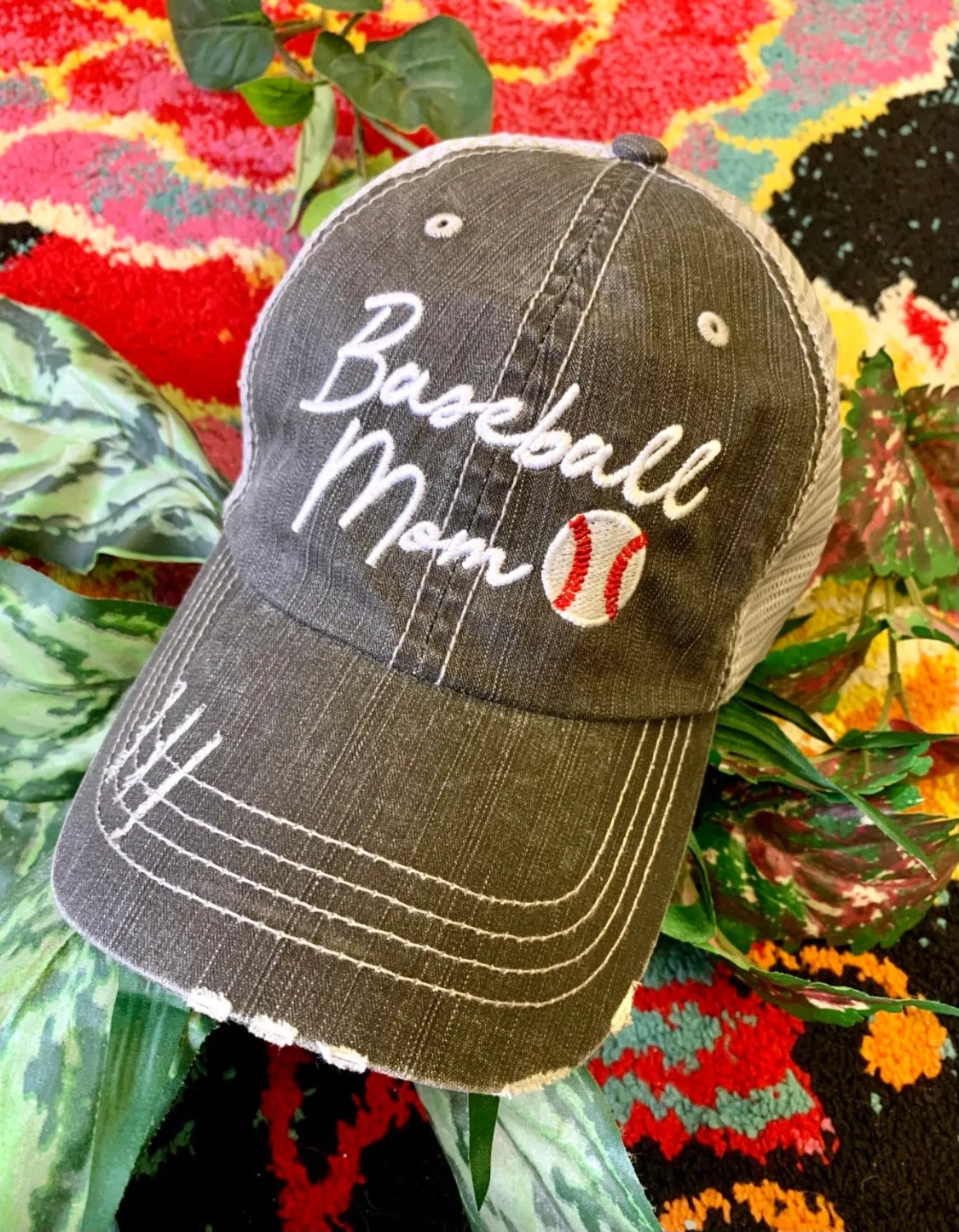 Baseball hats Baseball mom Embroidered distressed gray trucker caps