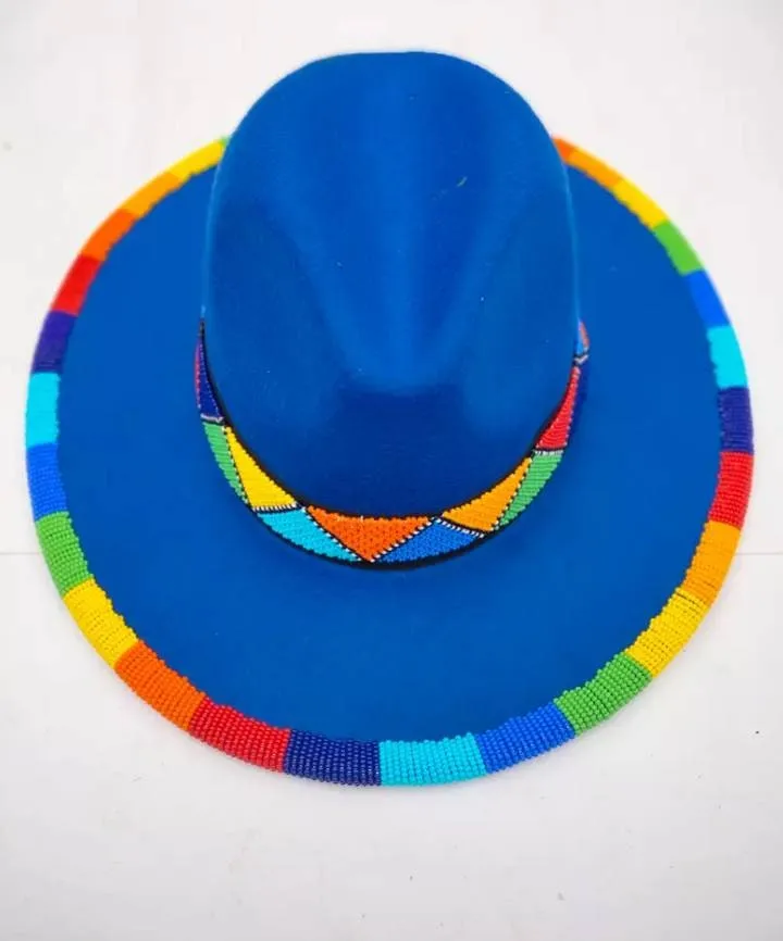 Blue handmade Fedora hat/cowboy hat with multicolored beads and free shipping