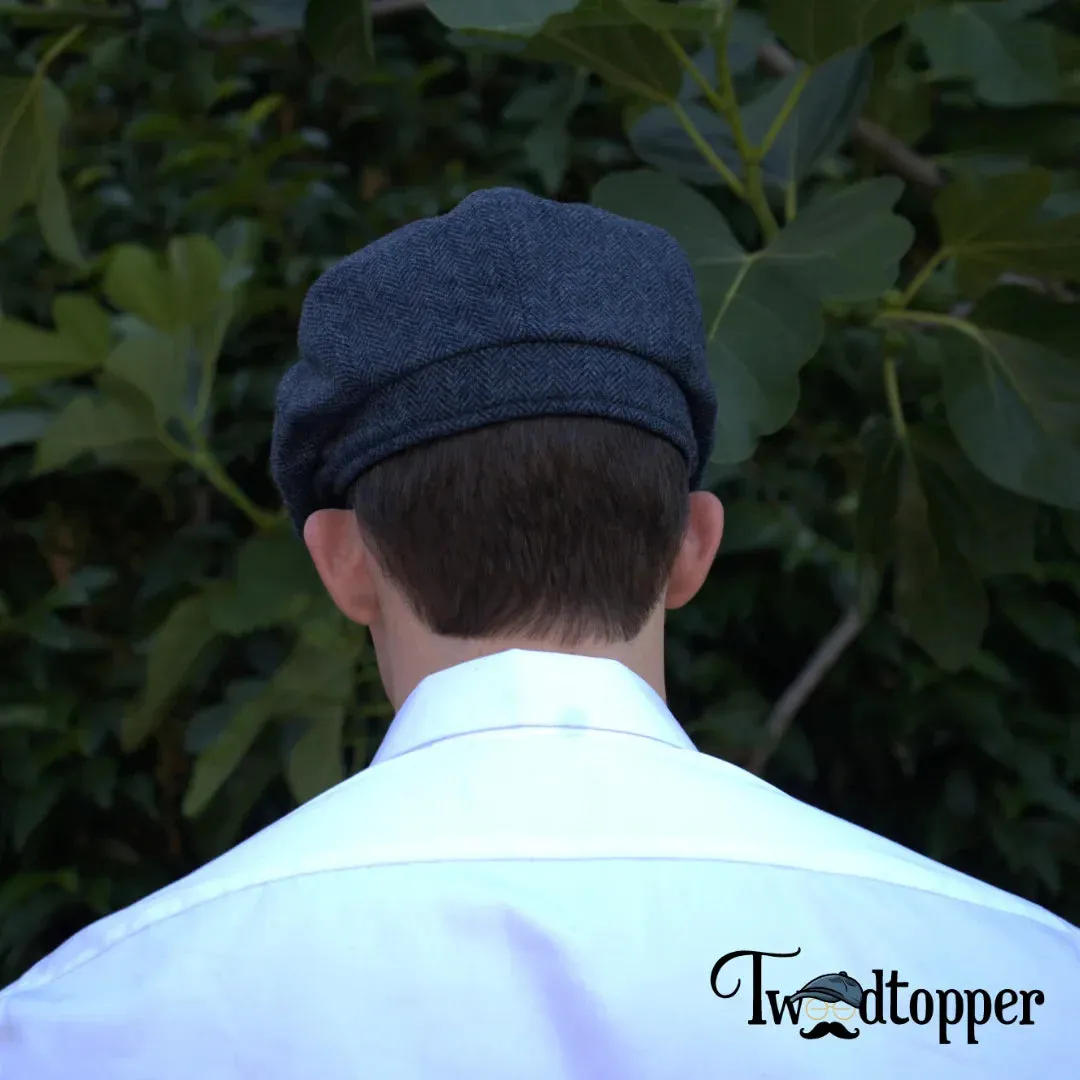 Blue Navy Herringbone 100% Wool Tweed Golfing Newsboy Cap