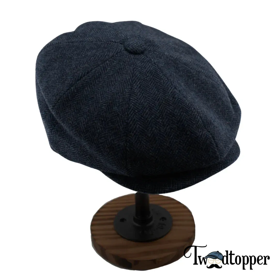 Blue Navy Herringbone 100% Wool Tweed Golfing Newsboy Cap