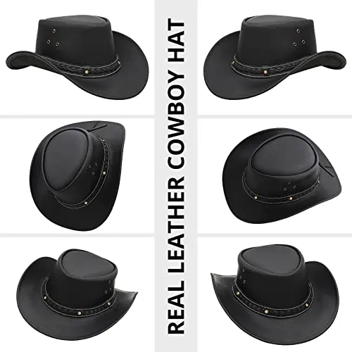 Brandslock Black Leather Cowboy Hat for Men Women Durable Cowgirl Outback Hat