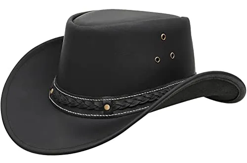 Brandslock Black Leather Cowboy Hat for Men Women Durable Cowgirl Outback Hat