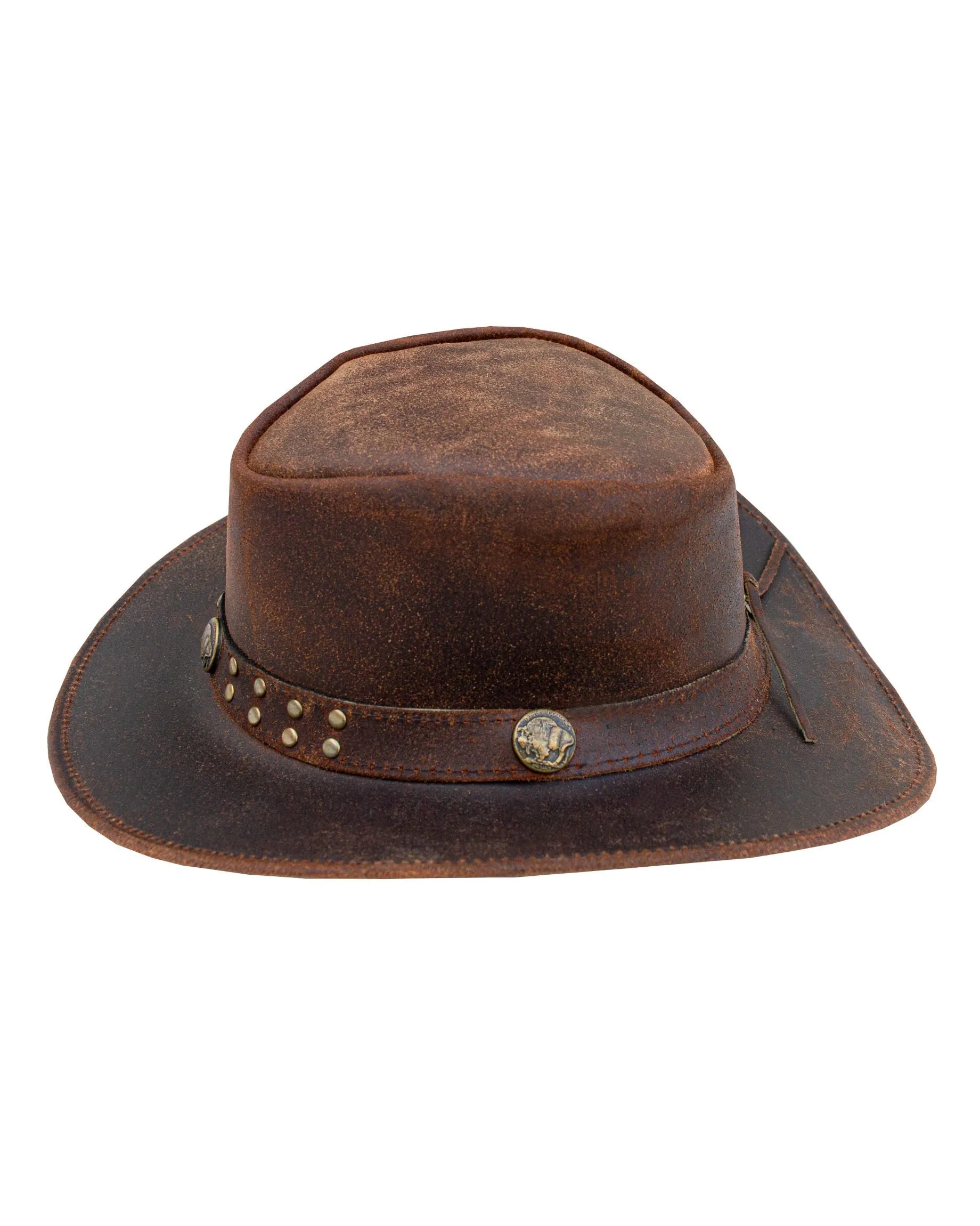 Dream Apparel Men's Brown Top-Grain Premium Leather Western Cowboy Studded Hat for Halloween Deadman