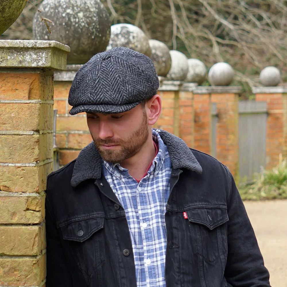 Heavyweight Donegal Tweed Herringbone Glencoagh Newsboy Cap - Black-Charcoal