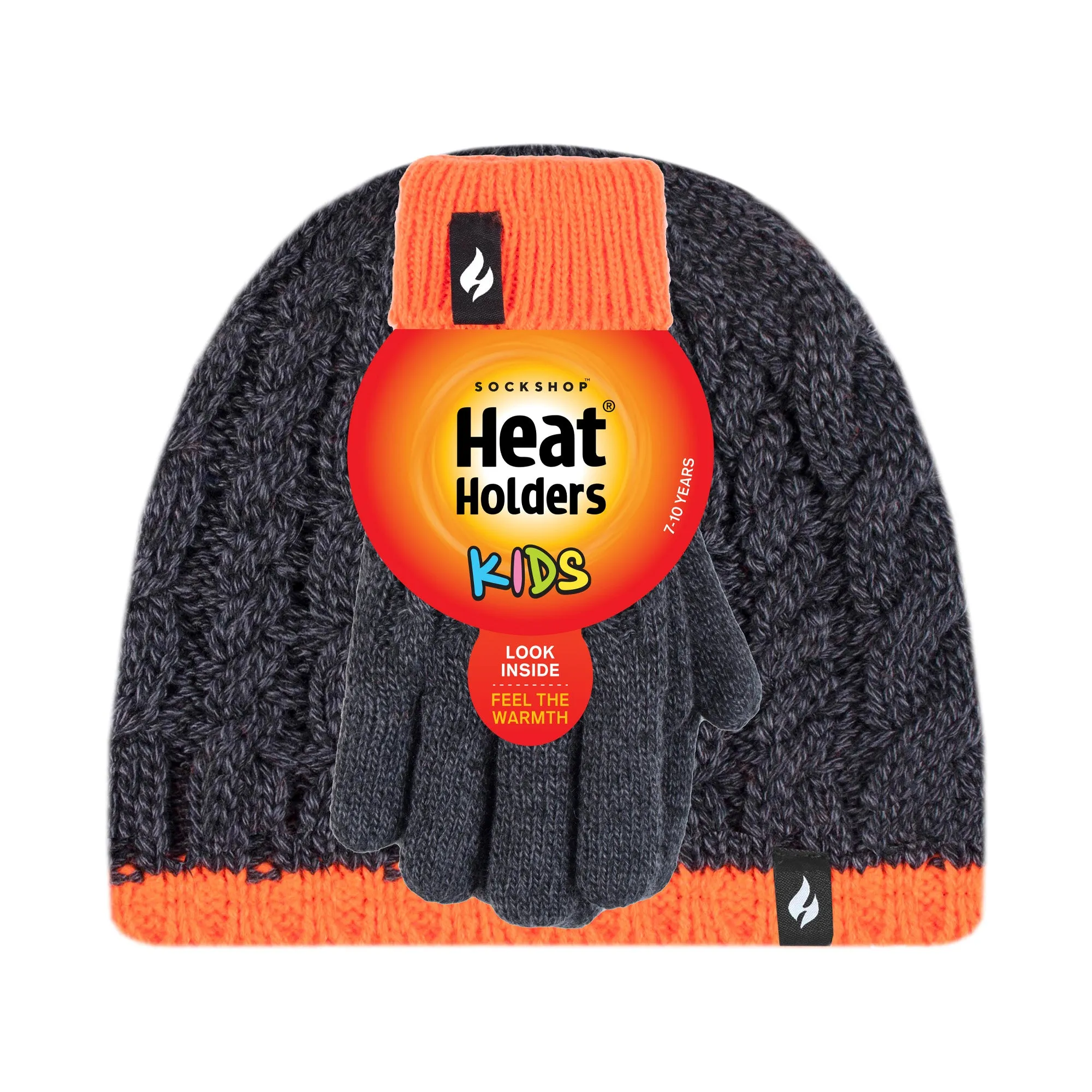 Kids Cable Hat & Gloves - Charcoal & Orange