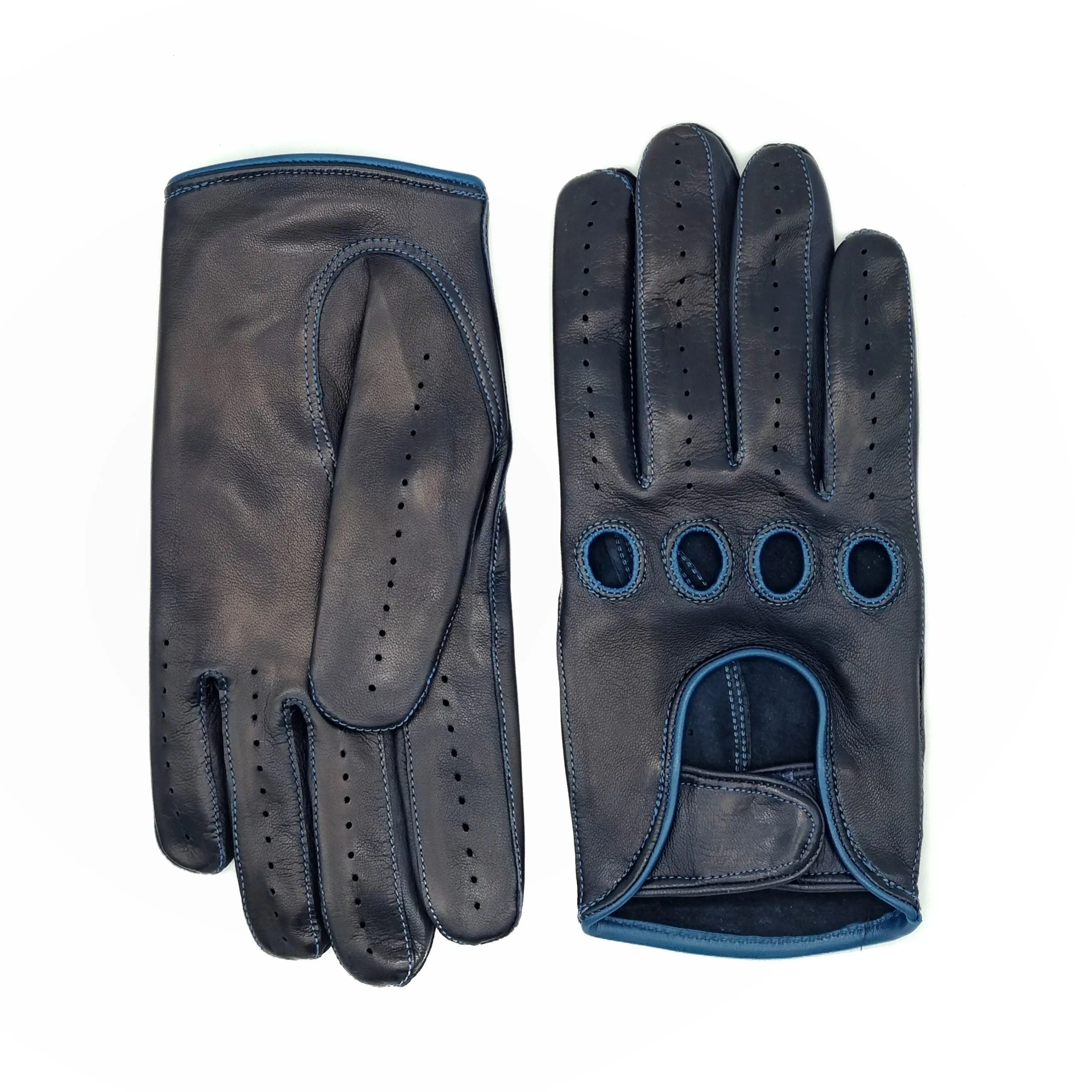 Men's blu leather driving gloves with strap closure