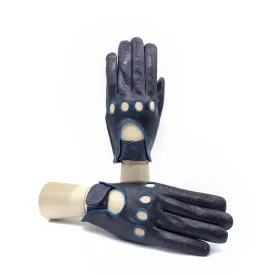 Men's blu leather driving gloves with strap closure