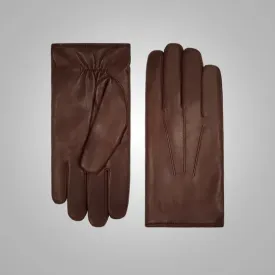 Men’s Brown Lambskin Leather Gloves with White Fur Lining