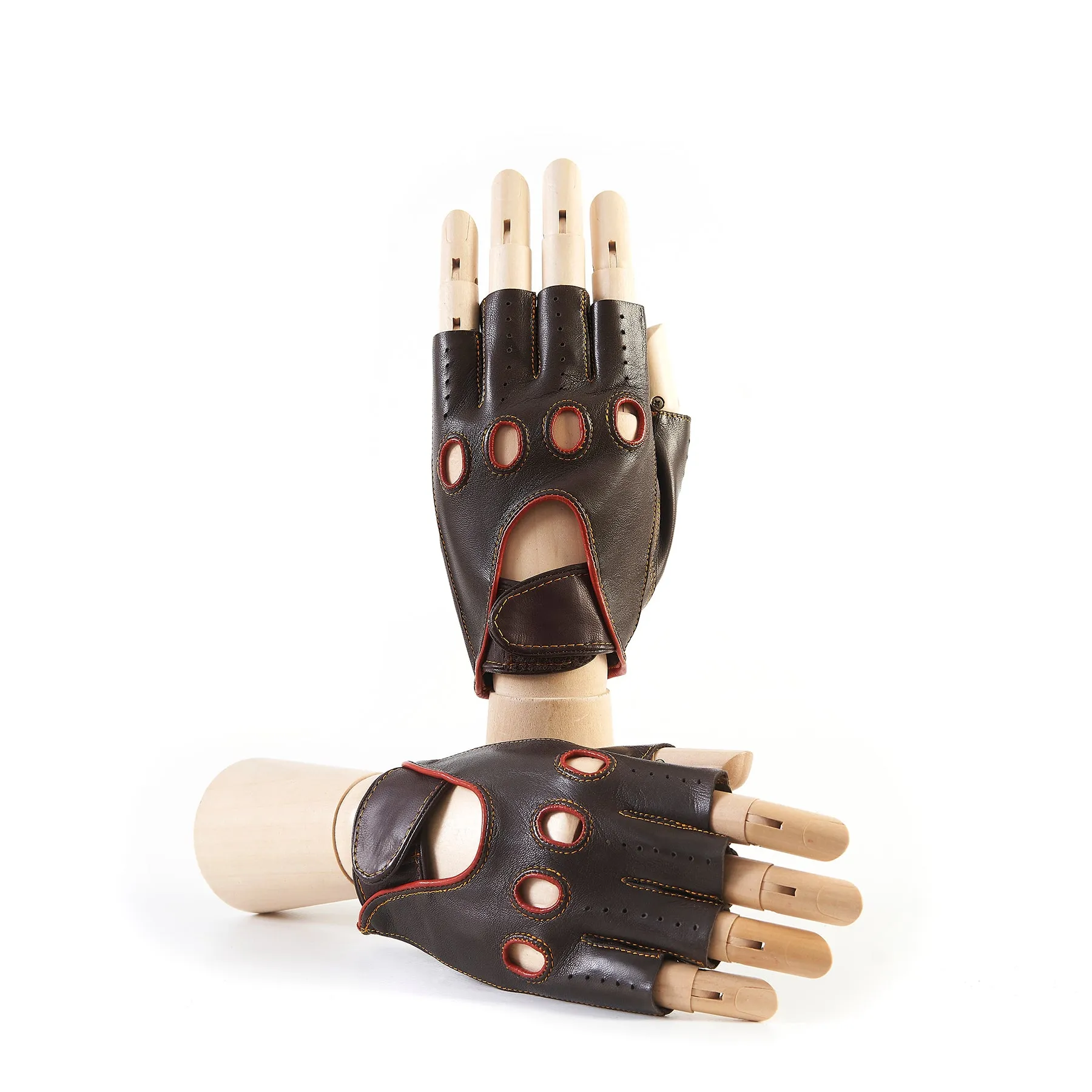 Men's brown leather half fingers driving gloves with strap closure