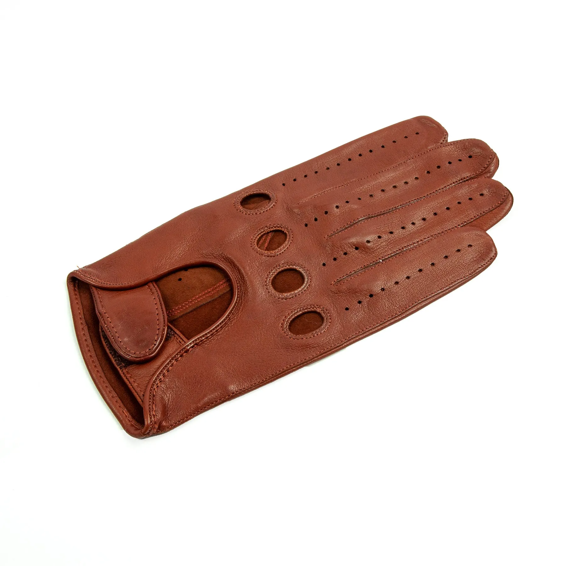 Men's cognac leather driving gloves with strap closure