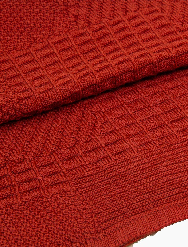 Rust Solid Textured Thick Striped Knitted Wool Scarf