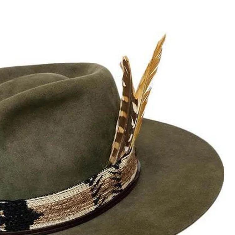 Rustic Rebel with Short Brim Green Color 2 Feathers Unique Band Loop