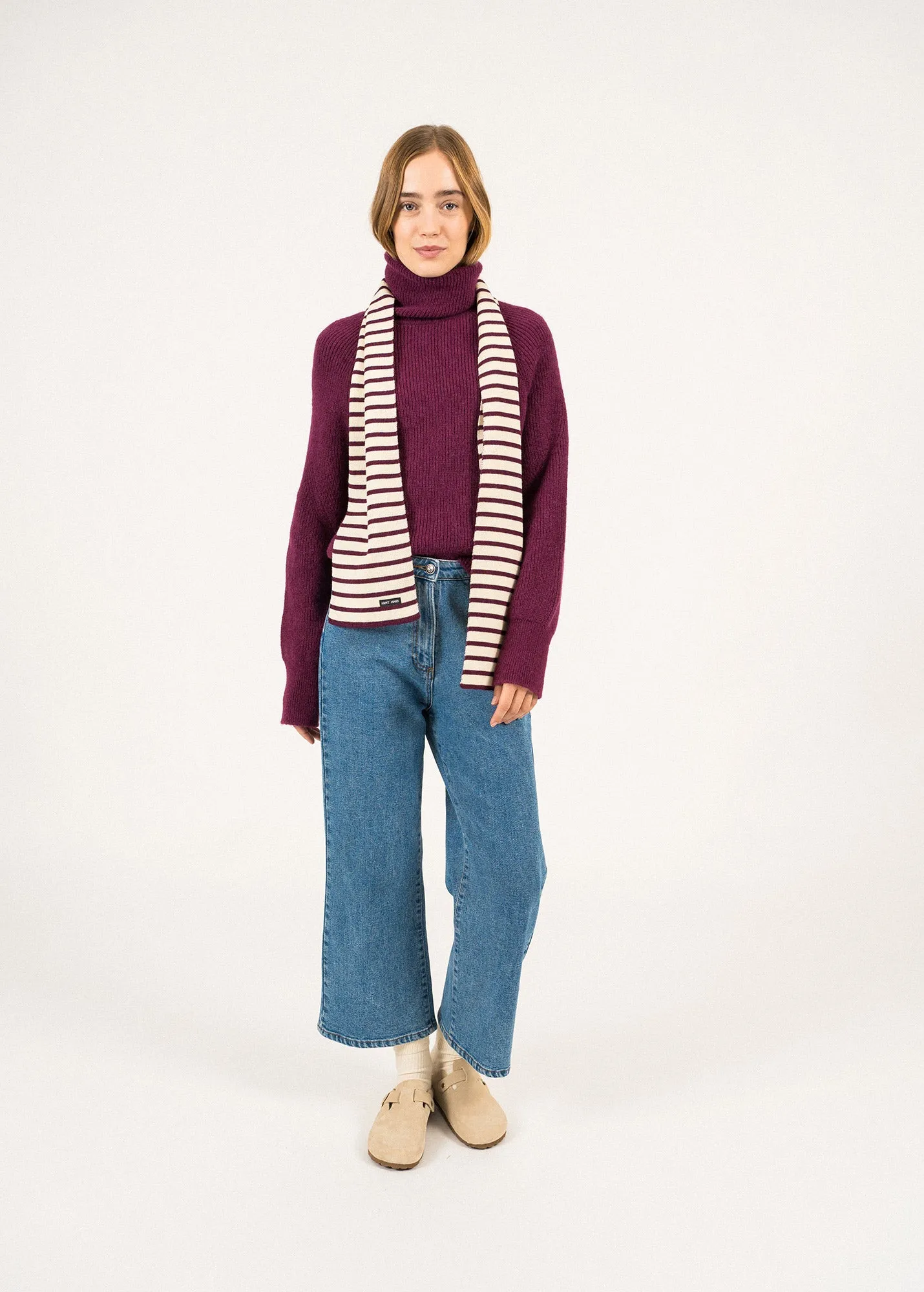 Striped scarf - in pure new wool (ECRU/PRUNE)