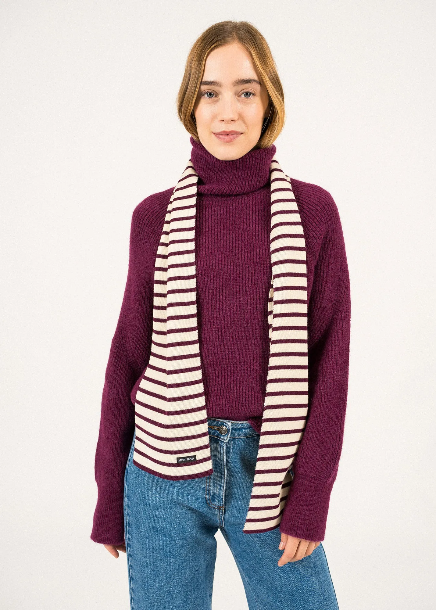 Striped scarf - in pure new wool (ECRU/PRUNE)