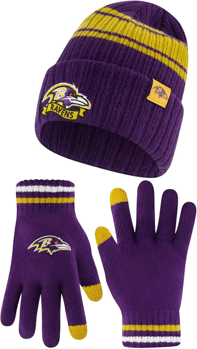 Ultra Game NFL Baltimore Ravens Womens Super Soft Team Stripe Winter Beanie Knit Hat with Extra Warm Touch Screen Gloves|Baltimore Ravens