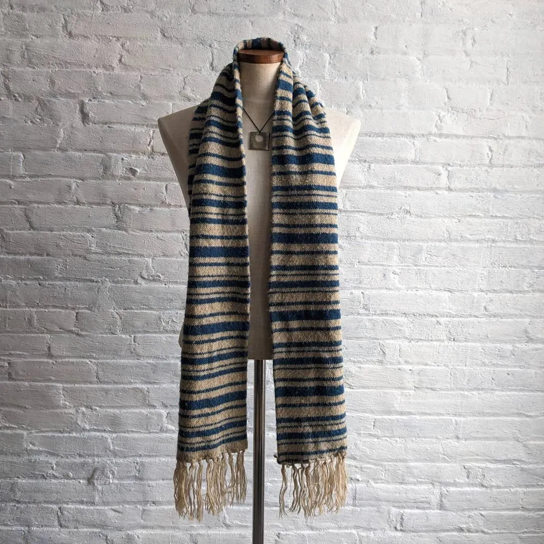 Vintage Wool Knit Striped Scarf Earthy Boho Oatmeal Blue Stripes Fringe Wrap