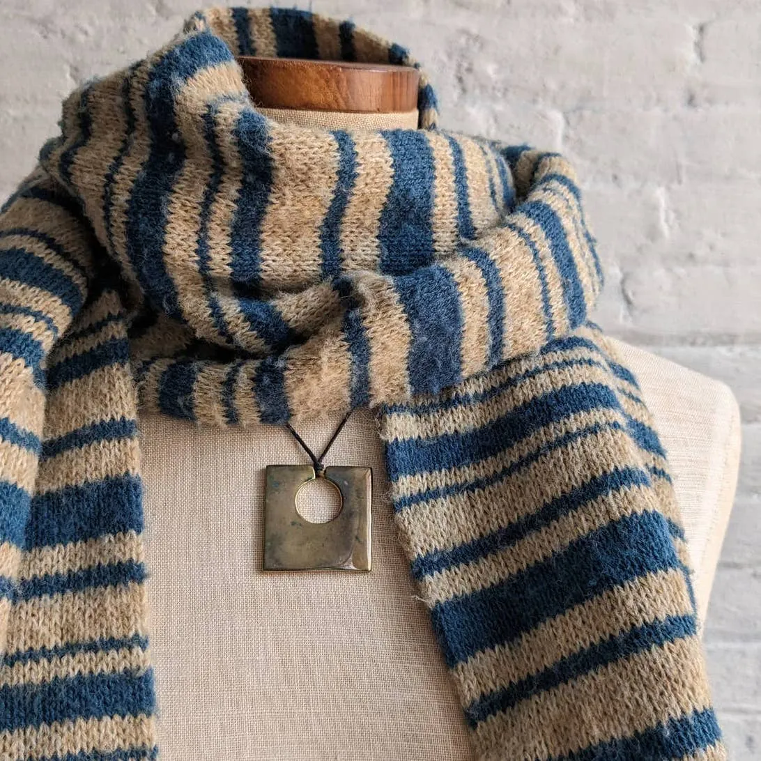 Vintage Wool Knit Striped Scarf Earthy Boho Oatmeal Blue Stripes Fringe Wrap