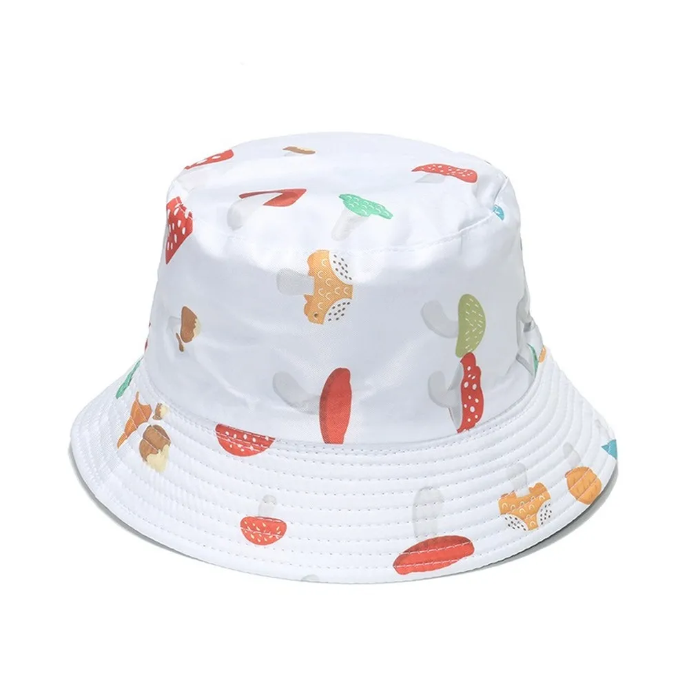 White Cute Mushroom Print Bucket Hat