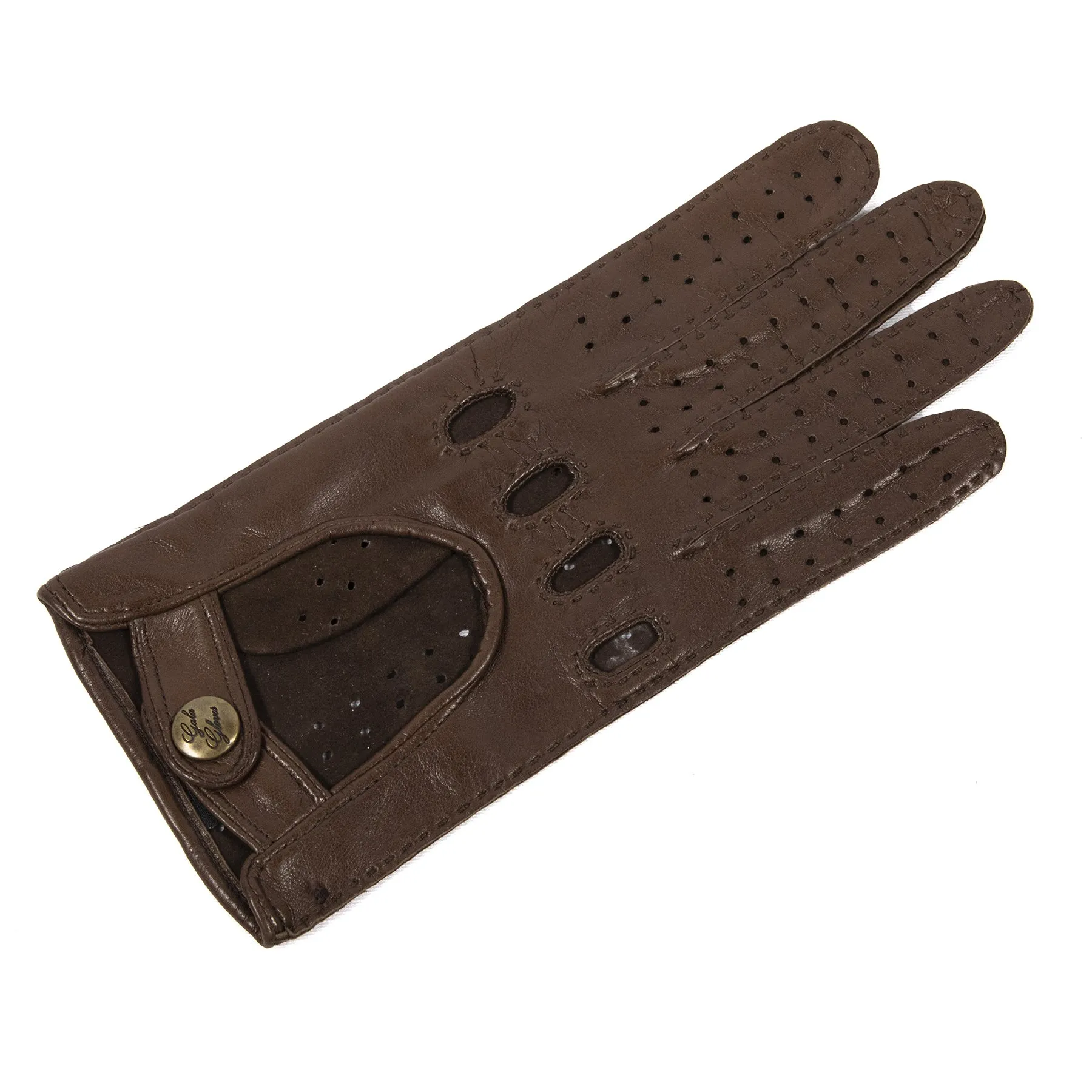 Women's unlined brown leather gloves entirely hand-sewn with button closure