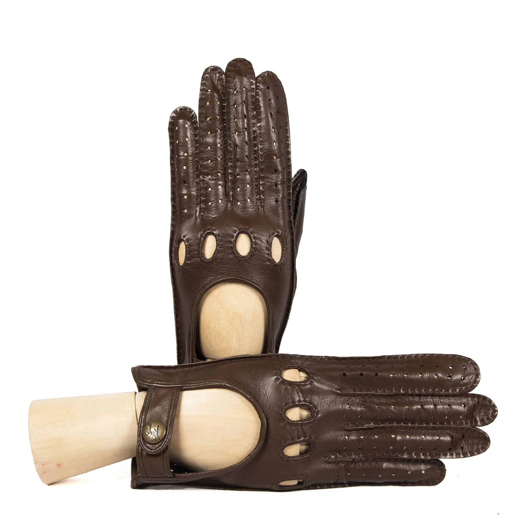 Women's unlined brown leather gloves entirely hand-sewn with button closure