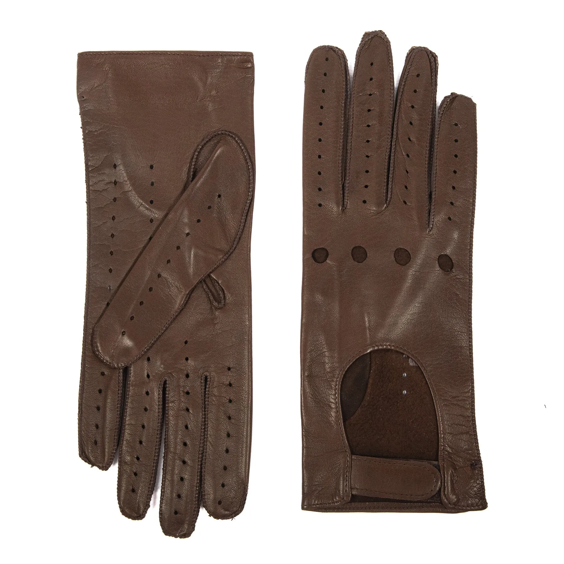 Women's unlined brown leather gloves with strap closure