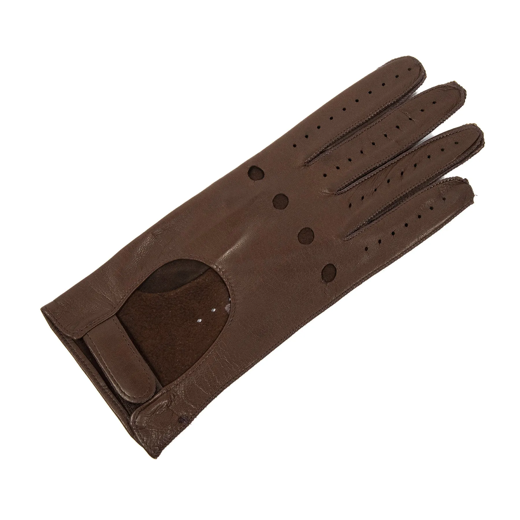 Women's unlined brown leather gloves with strap closure