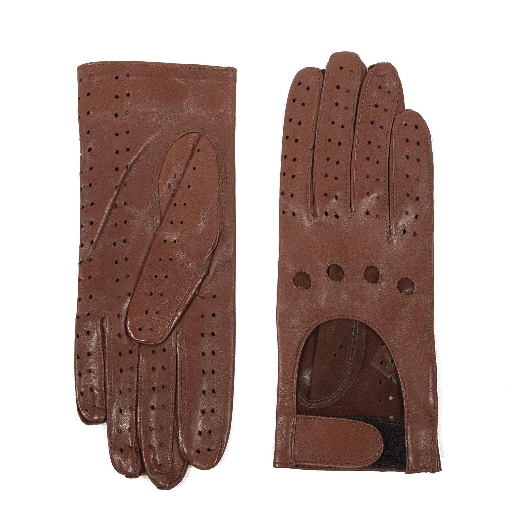 Women's unlined cognac leather gloves with strap closure